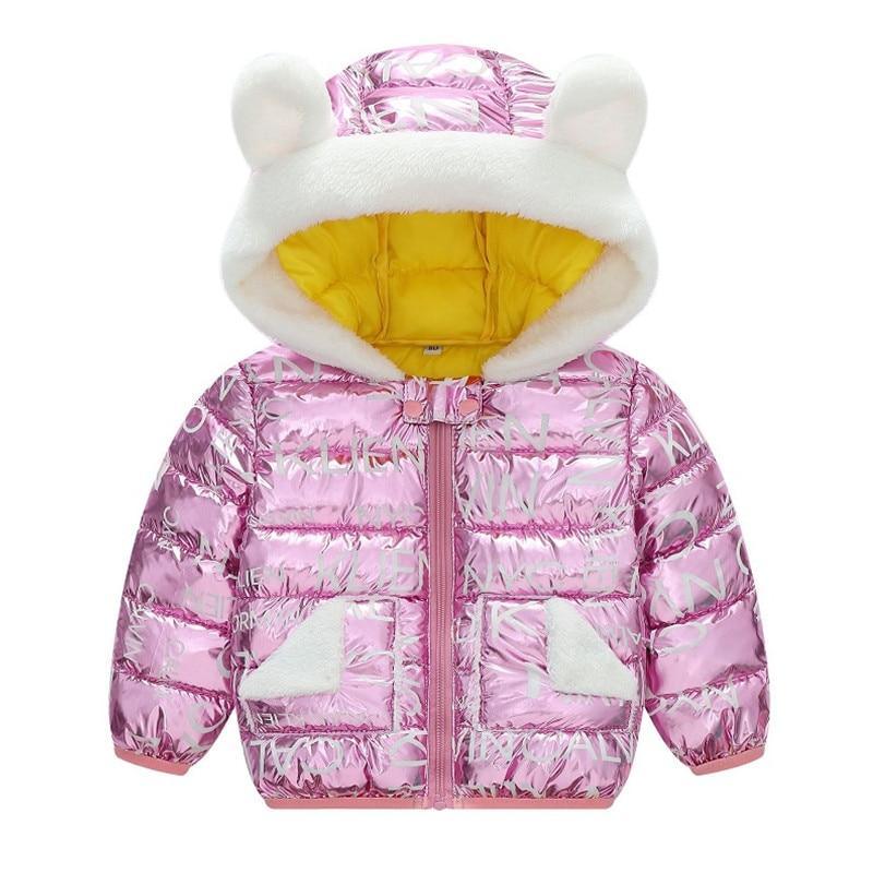 Baby hooded pink metallic puffer coat with white faux fur ears and yellow lining on Tampa Home & Garden Store