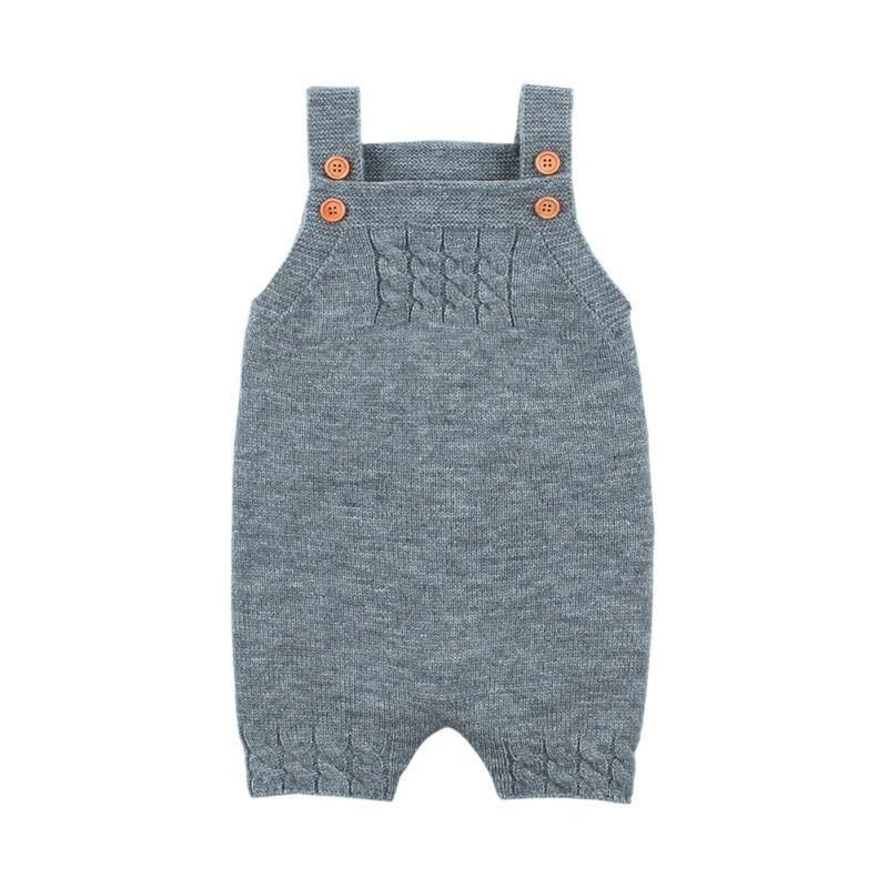 Blue knitted baby romper with shoulder straps and orange buttons, newborn jumpsuit on Tampa Home & Garden Store
