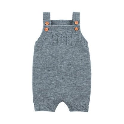 Blue knitted baby romper with shoulder straps and orange buttons, newborn jumpsuit on Tampa Home & Garden Store