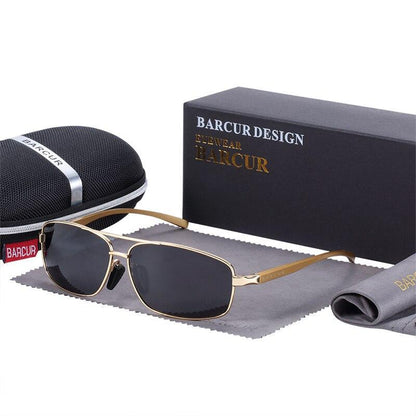 Barcur rectangular polarized sunglasses with gold metal frame and dark lenses on Tampa Home & Garden Store