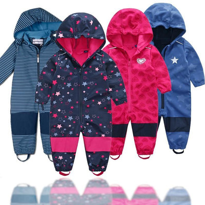 Stevvex kids ski suit set; four waterproof soft-shell outfits in navy stars and pink/blue on Tampa Home & Garden Store