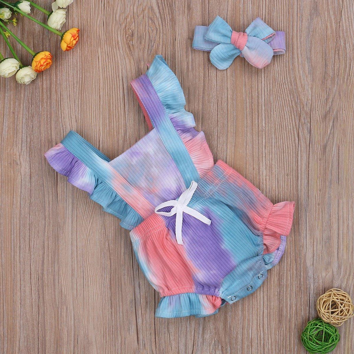 Stevvex toddler pastel tie-dye romper with ruffled straps and white bow belt, includes headband on Tampa Home & Garden Store