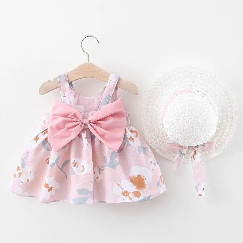 Luxury Modern Bow Print Dress With Hat For Baby