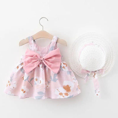 Luxury Modern Bow Print Dress With Hat For Baby