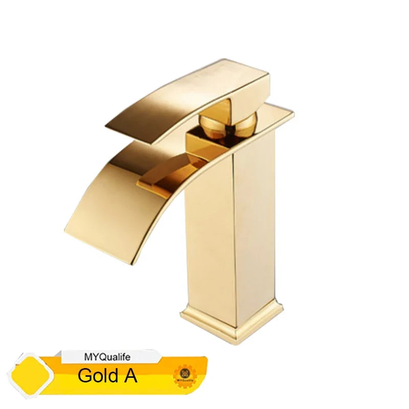 Gold waterfall bathroom faucet with square pedestal and curved spout, Gold A badge on Tampa Home & Garden Store