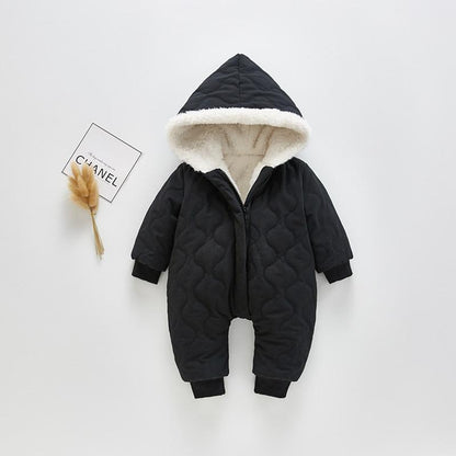 Stevvex black quilted baby jumpsuit with white fleece-lined hood and front zipper on Tampa Home & Garden Store