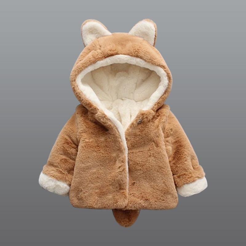 Baby girl rabbit hooded jacket by Stevvex, tan plush coat with cream lining and ears on hood on Tampa Home & Garden Store