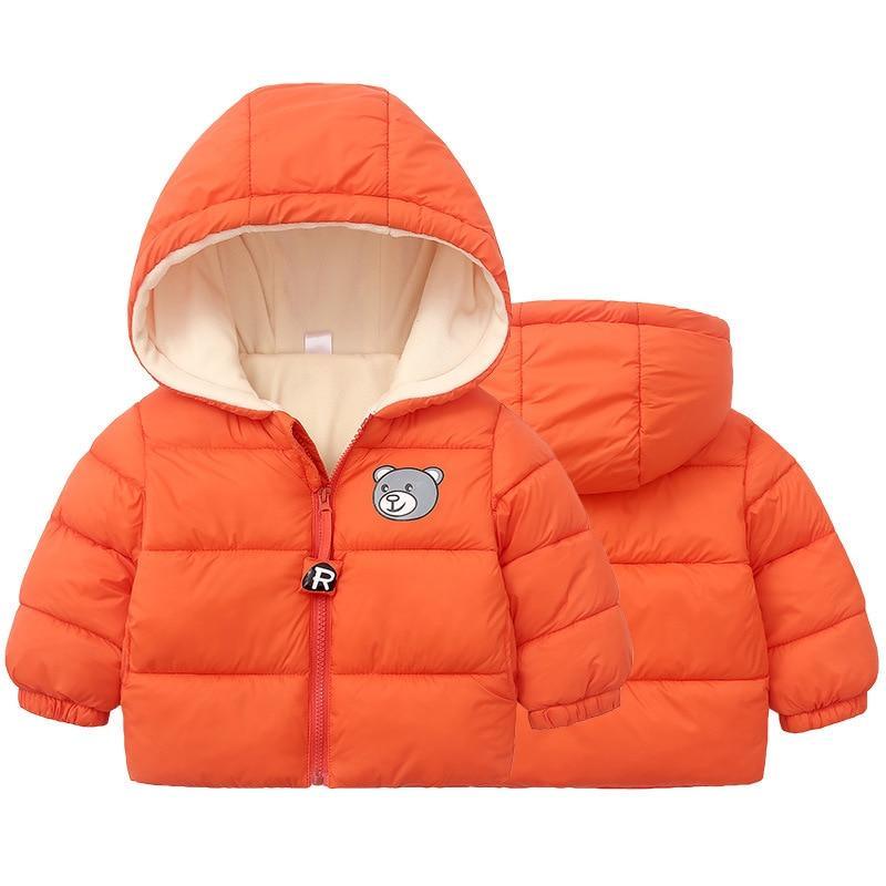 Stevvex infant hooded orange puffer jacket with cream lining and bear patch, front/back views on Tampa Home & Garden Store