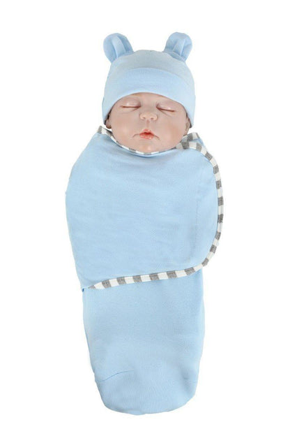 Newborn blue swaddle wrap set with hat and gray striped trim by Stevvex on Tampa Home & Garden Store