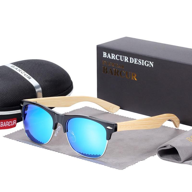 Wood sunglasses Stevvex bamboo blue mirrored UV400 lenses Barcur case on Tampa Home & Garden Store