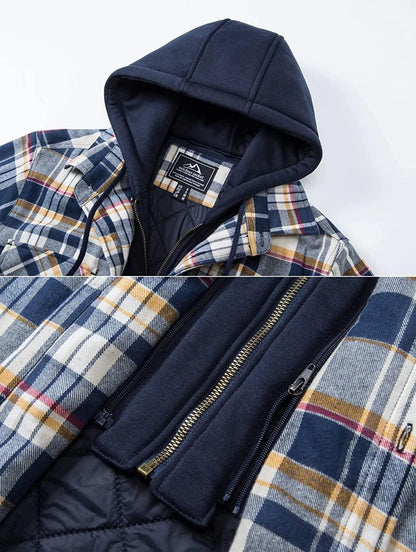 Men's plaid hooded puffer jacket by Stevvex with removable hood and quilted lining on Tampa Home & Garden Store