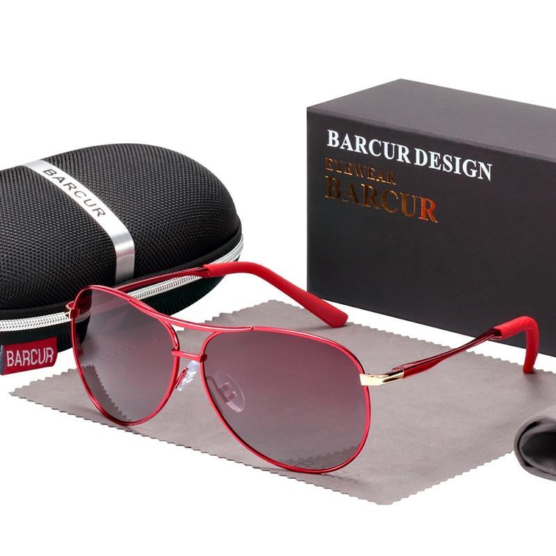 Red gradient aviator sunglasses with polarized UV400 lenses, Barcur case and box on Tampa Home & Garden Store