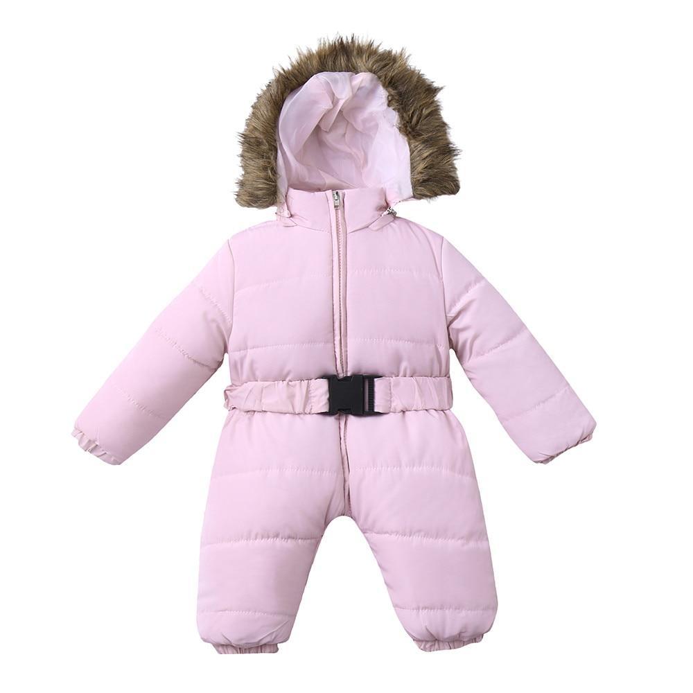 Infant pink snowsuit with fur-trimmed hood, front zipper and belted waist Stevvex on Tampa Home & Garden Store