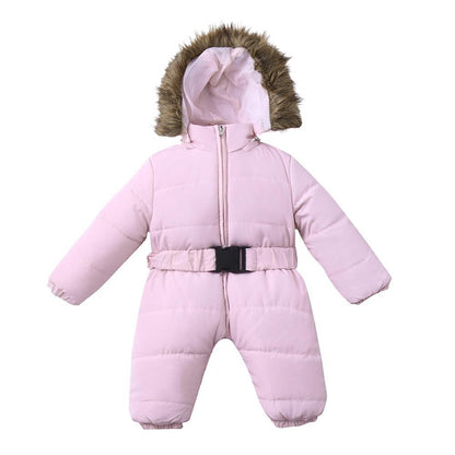 Infant pink snowsuit with fur-trimmed hood, front zipper and belted waist Stevvex on Tampa Home & Garden Store