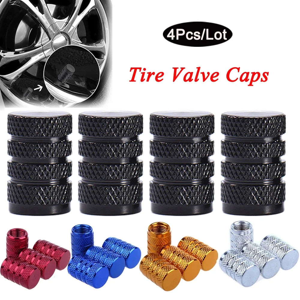 4Pcs Valve Caps set with knurled black caps; color options red blue gold silver, BikerZoneZ on Tampa Home & Garden Store