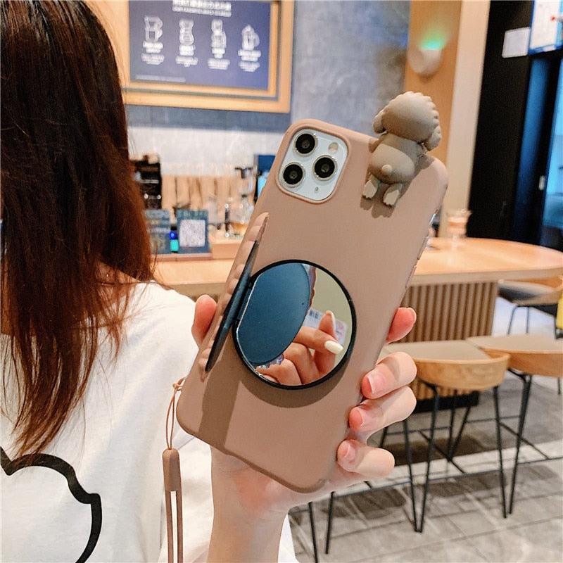 Stevvex 3D cartoon dog mirror stand iPhone case, soft beige silicone with lanyard on Tampa Home & Garden Store