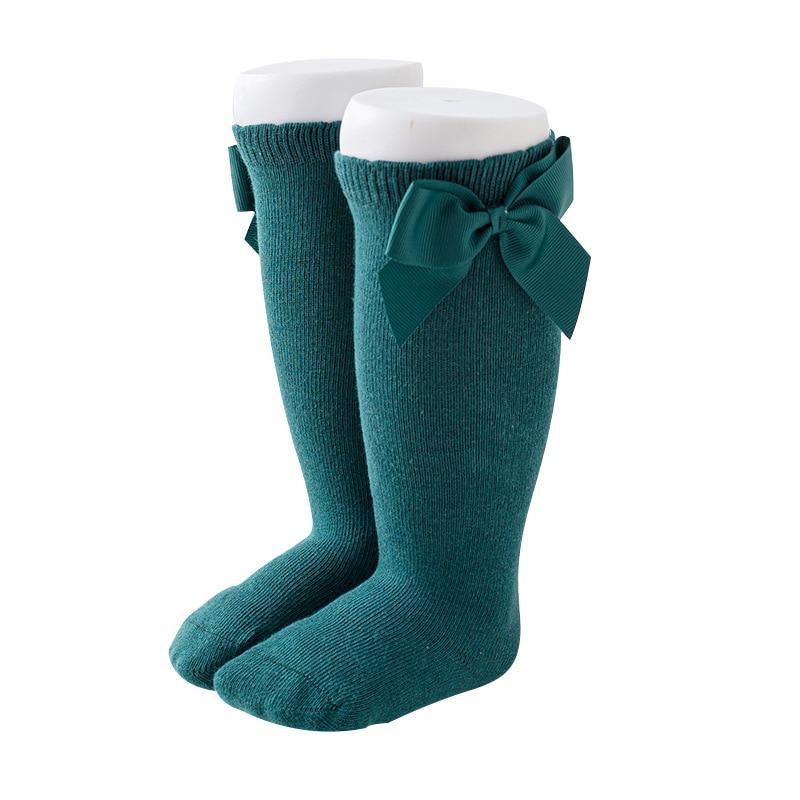Baby girls teal knee-high socks two-pack with large bow by Stevvex for toddlers on Tampa Home & Garden Store
