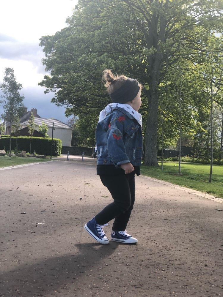 Baby girls denim jacket with rose embroidery and ripped detailing, blue toddler outerwear on Tampa Home & Garden Store