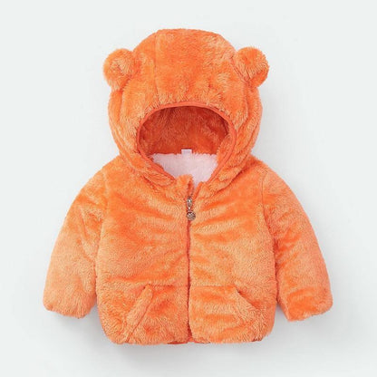 Shiny orange toddler hooded puffer coat with bear-ear hood, plush lining, Stevvex on Tampa Home & Garden Store
