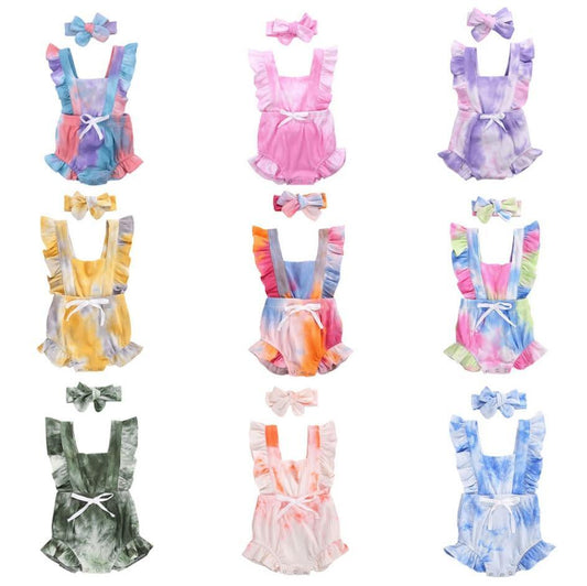 Toddler romper set by Stevvex with rainbow tie-dye prints and ruffled straps, nine-piece on Tampa Home & Garden Store