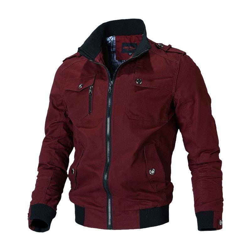 Men's Stevvex windproof bomber jacket in burgundy with black ribbed collar and cuffs on Tampa Home & Garden Store