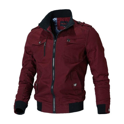Men's Stevvex windproof bomber jacket in burgundy with black ribbed collar and cuffs on Tampa Home & Garden Store