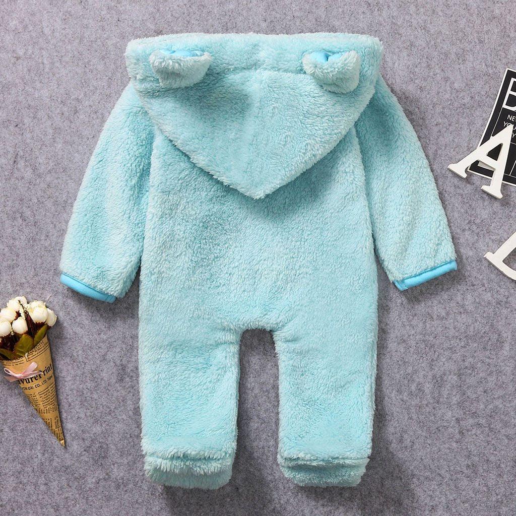 Stevvex newborn fleece hooded romper in light blue plush with ears on hood infant one-piece on Tampa Home & Garden Store