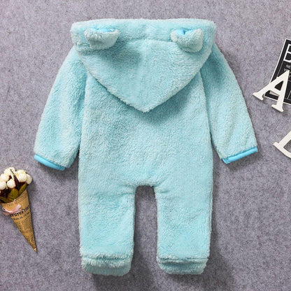 Stevvex newborn fleece hooded romper in light blue plush with ears on hood infant one-piece on Tampa Home & Garden Store