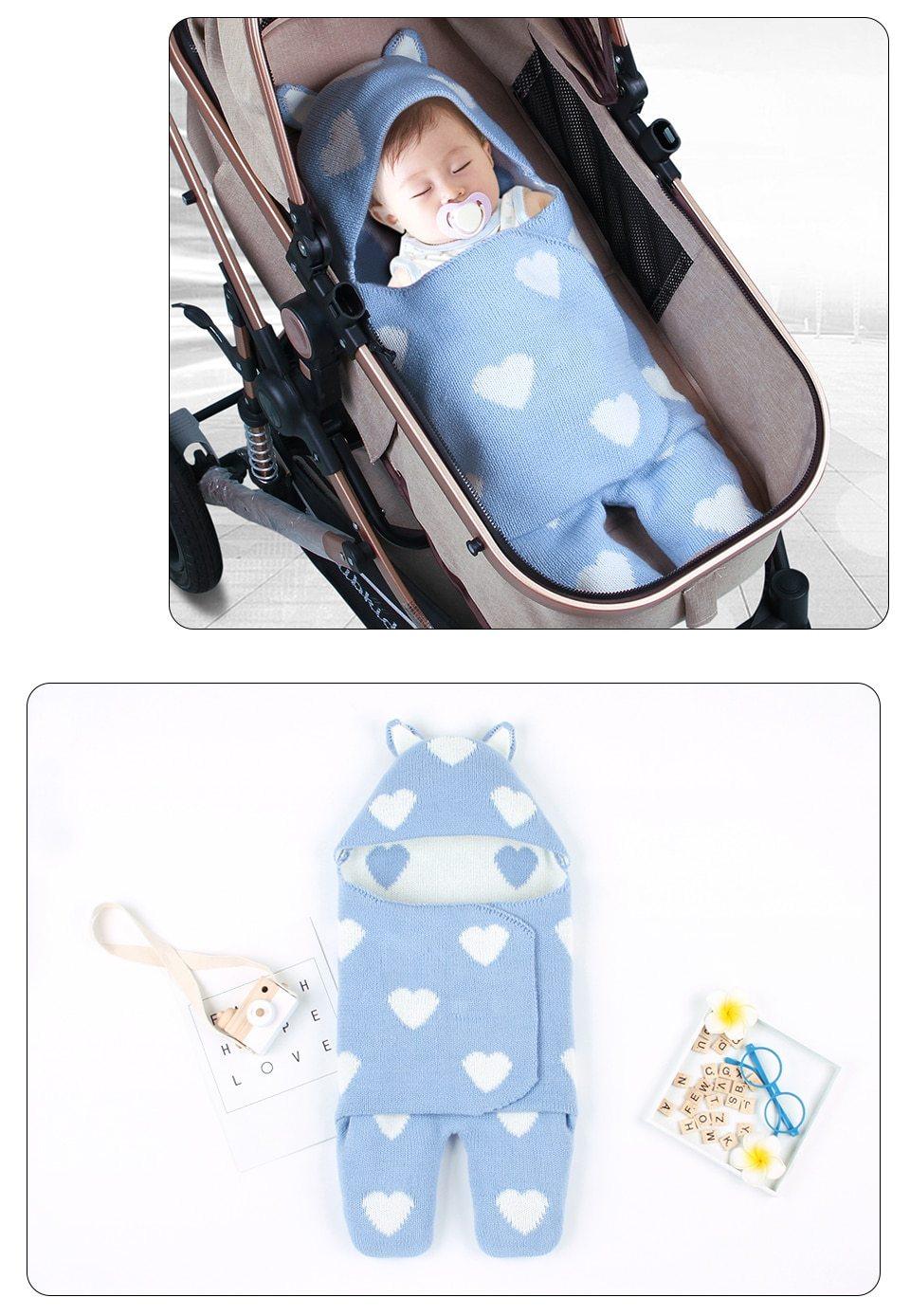 Stevvex Baby Sleeping Bag Envelope Knit Swaddle in blue with white hearts for newborns in stroller on Tampa Home & Garden Store
Blue knitted baby sleepsack envelope with heart motif and hood for newborn swaddle, by Stevvex on Tampa Home & Garden Store