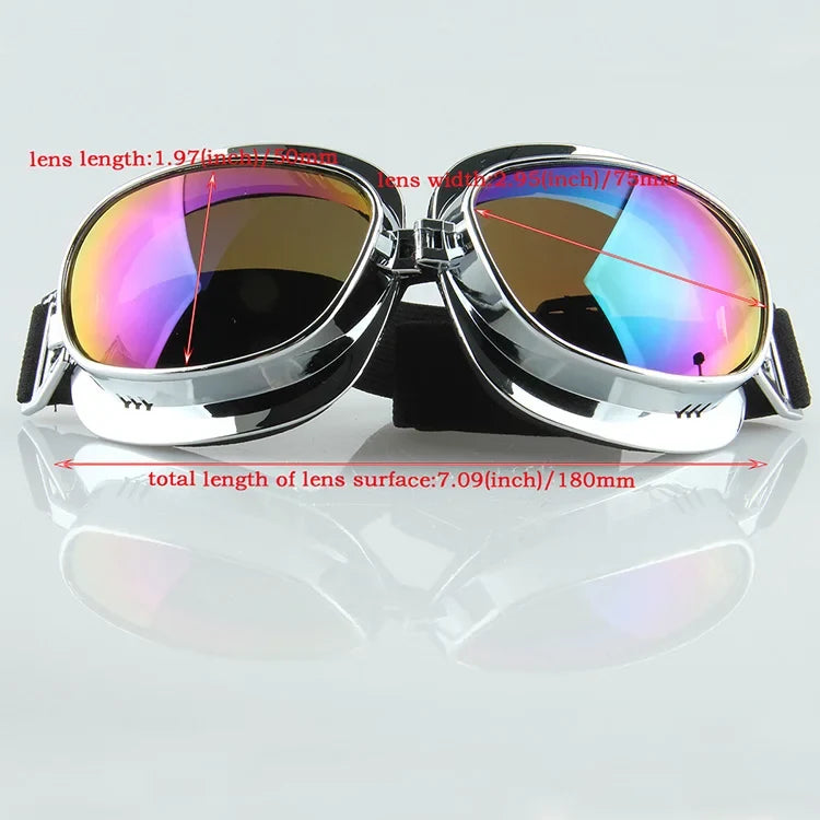 Pair of BikerZoneZ motorcycle goggles with chrome frame and mirrored rainbow lenses on Tampa Home & Garden Store