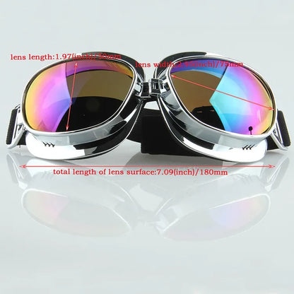 Pair of BikerZoneZ motorcycle goggles with chrome frame and mirrored rainbow lenses on Tampa Home & Garden Store