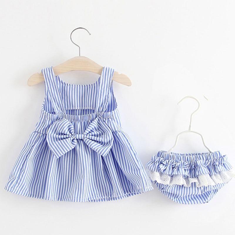 Baby girl dress set blue and white striped with large waist bow and matching bloomers on Tampa Home & Garden Store