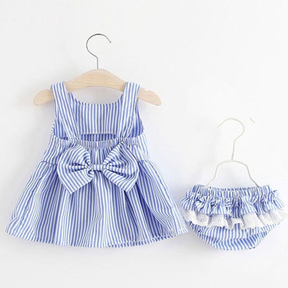 Baby girl dress set blue and white striped with large waist bow and matching bloomers on Tampa Home & Garden Store