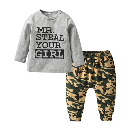 Newborn boy 2-piece clothes set gray tee with MR STEAL YOUR GIRL and camo pants Stevvex on Tampa Home & Garden Store