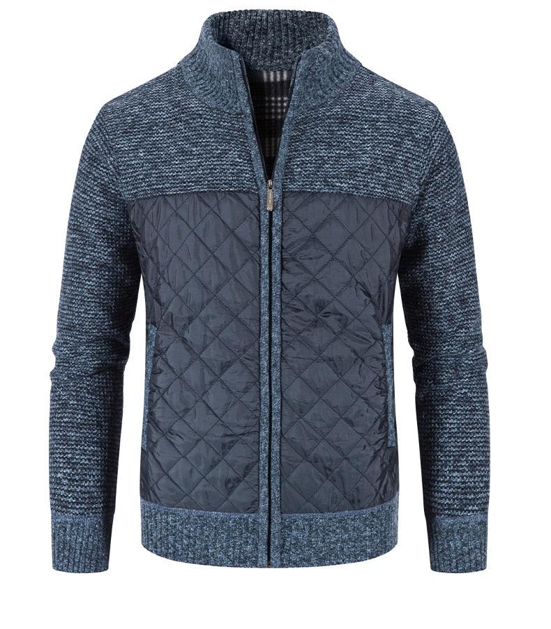 Stevvex men's quilted cardigan jacket with knit sleeves in blue gray zip front on Tampa Home & Garden Store