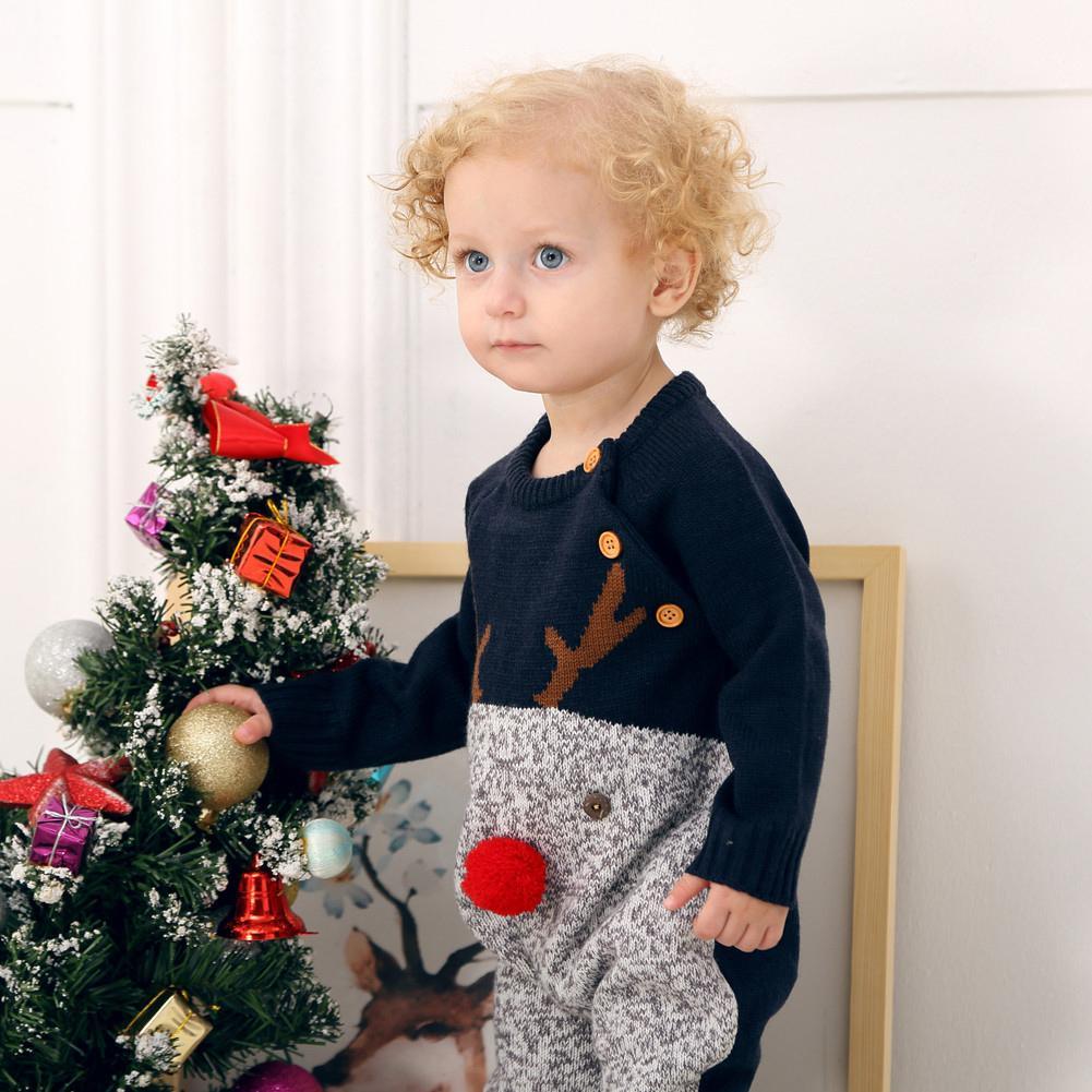 Baby Christmas reindeer knitted romper navy top with grey pants, 0-2Y, by Stevvex on Tampa Home & Garden Store