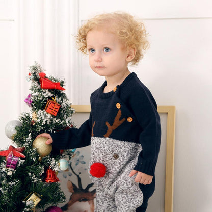 Baby Christmas reindeer knitted romper navy top with grey pants, 0-2Y, by Stevvex on Tampa Home & Garden Store