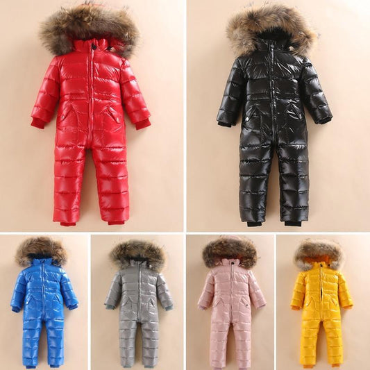Stevvex Winter Snowsuit for Babies, padded one-piece with fur-trim hood, six colorways on Tampa Home & Garden Store