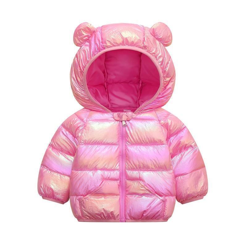 Toddler shiny pink puffer coat with bear-ear hood by Stevvex, winter outerwear for girls on Tampa Home & Garden Store