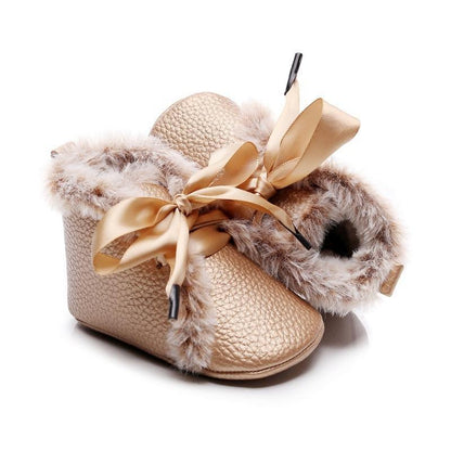 Baby PU boots for first walkers by Stevvex in rose-gold with fur trim and bowknot on Tampa Home & Garden Store