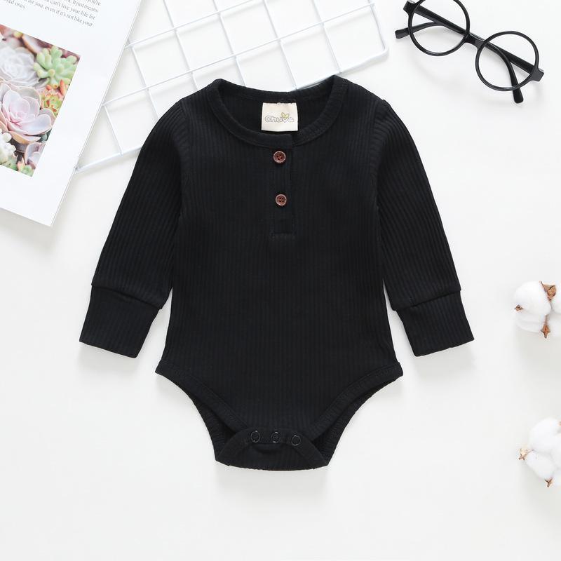 Stevvex black ribbed baby bodysuit romper with long sleeves, two chest buttons, bottom snaps on Tampa Home & Garden Store