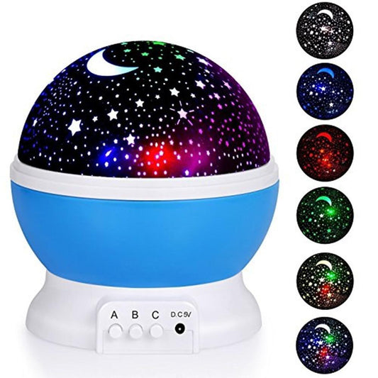 LED starry night light projector by Stevvex, blue base with starry dome and moon, colorful projection on Tampa Home & Garden Store