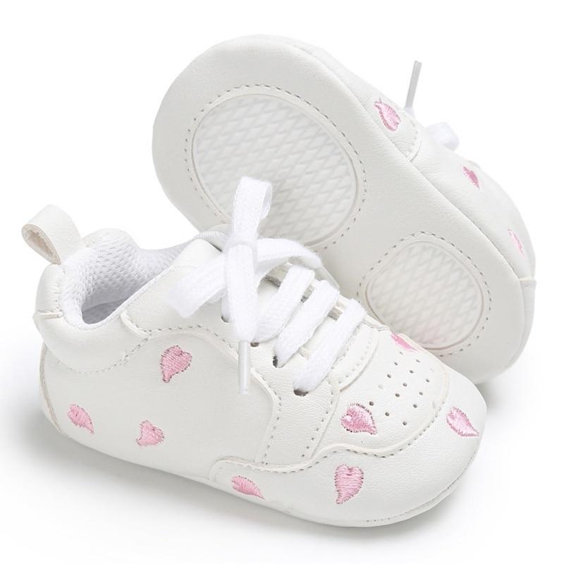 Stevvex newborn lace-up baby sneakers white PU leather with pink petal print soft sole pair on Tampa Home & Garden Store