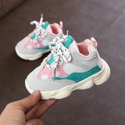Stevvex patchwork toddler sneakers white base pink teal panels lace-up soft sole on Tampa Home & Garden Store