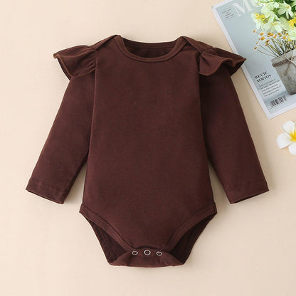 Stevvex newborn brown romper with ruffle shoulder sleeves and snap bottom closure on Tampa Home & Garden Store
