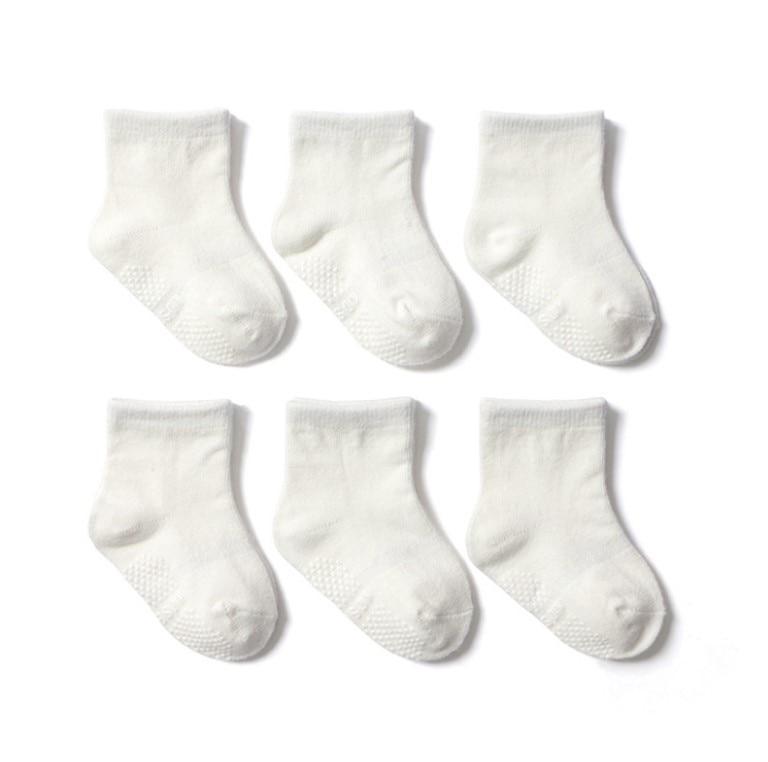 Six pairs white cotton baby socks with non-slip grips, low-cut boat style on Tampa Home & Garden Store