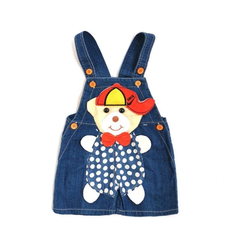 Stevvex denim baby romper overalls with teddy bear applique and blue polka-dot bib on Tampa Home & Garden Store