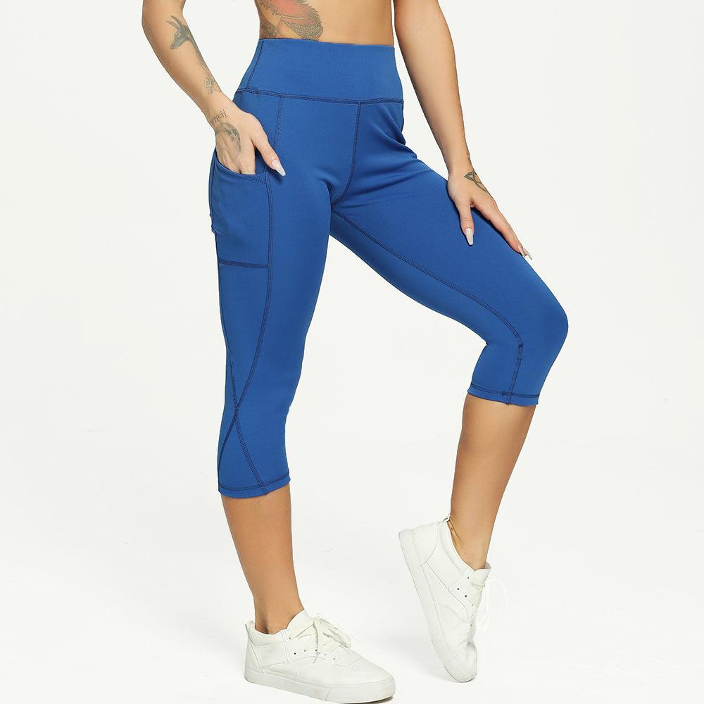 Stevvex blue cropped yoga leggings with side pocket, seam panels, mid-rise capri for workout on Tampa Home & Garden Store