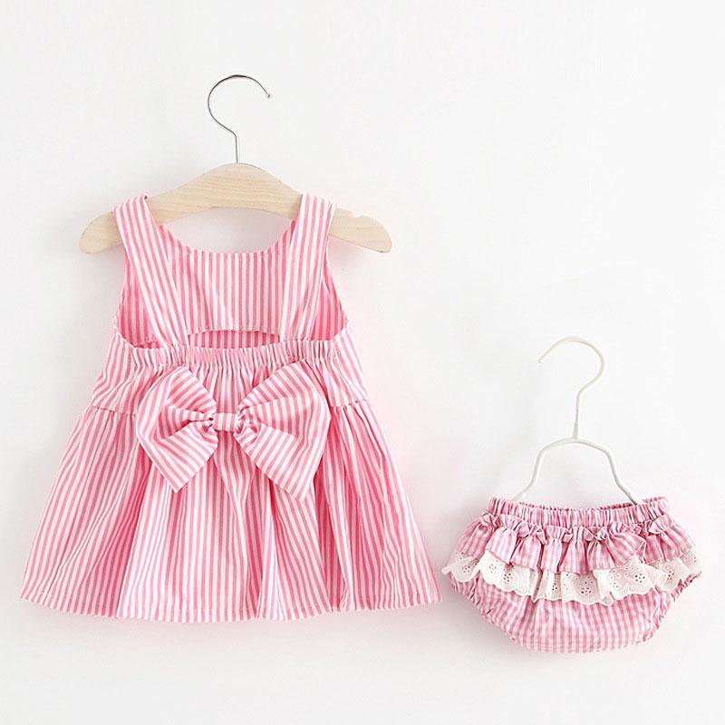Newborn baby girl pink striped dress set by Stevvex with waist bow and ruffled bloomers on Tampa Home & Garden Store