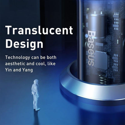 65W USB car charger concept with translucent design and Baseus branding, circuitry backdrop on Tampa Home & Garden Store